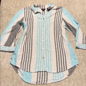XL 100% Linen Tunic button up striped LONG shell buttons long sleeve Beachy